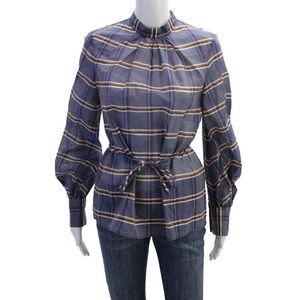 Brock Collection Womens Plaid Belted Long Sleeve Blouse Top Blue Size 0